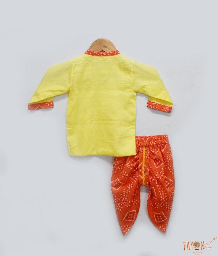 Fayon Kids Yellow Kurta and Orange Print Dhoti for Boys