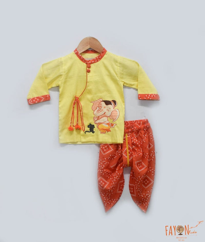 Fayon Kids Yellow Kurta and Orange Print Dhoti for Boys