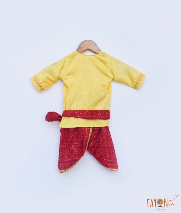 Fayon Kids Yellow Kurta and Red Bandhej Dhoti for Boys