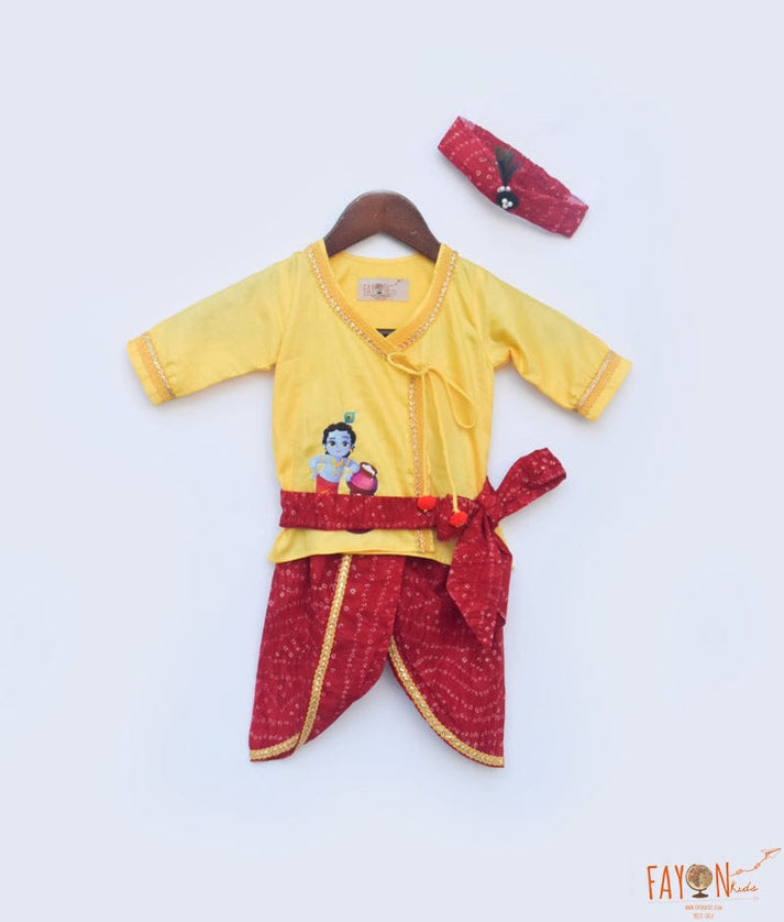 Fayon Kids Yellow Kurta and Red Bandhej Dhoti for Boys