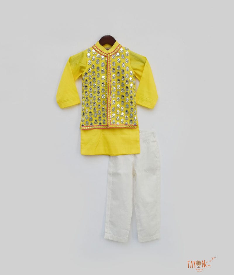 Wedding Special Trendding Design Yellow Kurta Pajama With A Mirror Work  Jacket Set - Faisal Outfits ! Best Man's Clothing