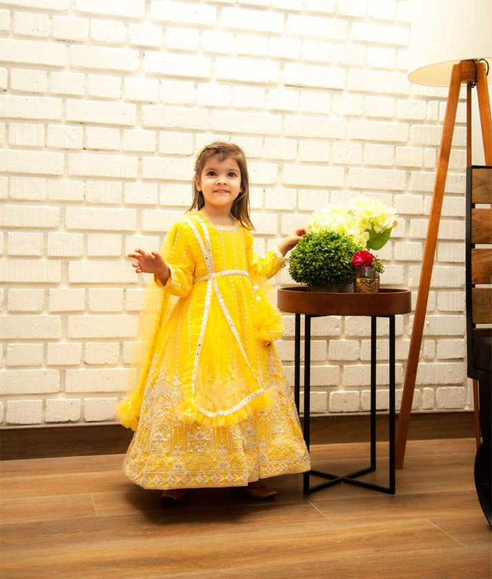 Fayon Kids Yellow Net Embroidery Anarkali with Frill Dupatta for Girls