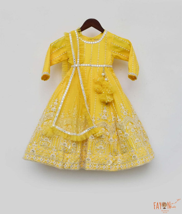 Fayon Kids Yellow Net Embroidery Anarkali with Frill Dupatta for Girls