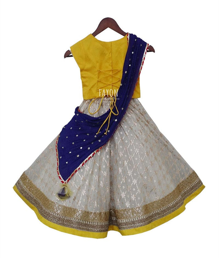 Fayon Kids Yellow Off white Brocade Lehenga with Choli Boti Net Dupatta for Girls