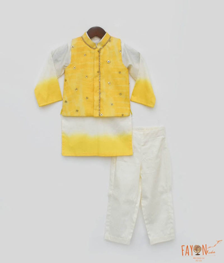 Yellow Organza Jacket with Kurta and Pant for Boys