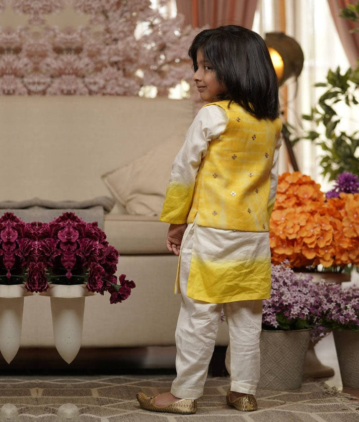 Yellow Organza Jacket with Kurta and Pant for Boys