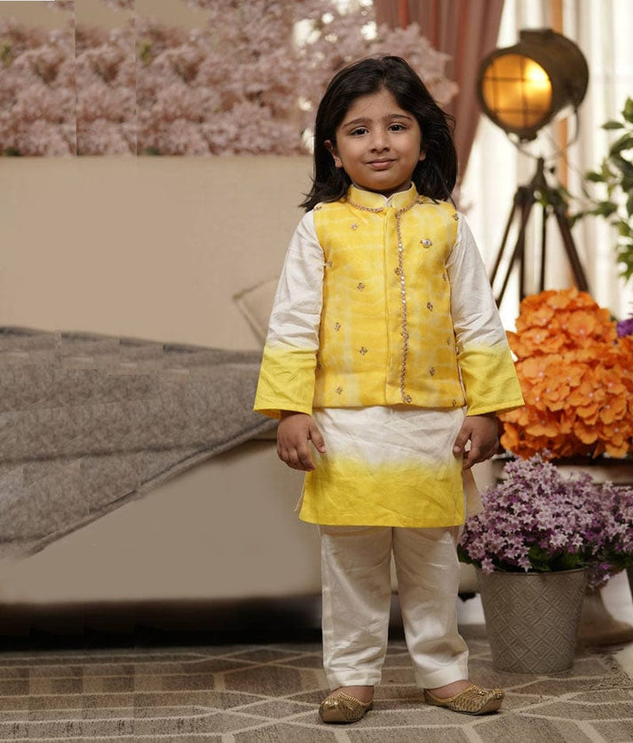 Yellow Organza Jacket with Kurta and Pant for Boys