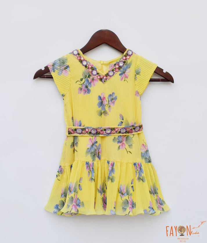 Fayon Kids Yellow Pleated Georgette Printed Dress for Girls