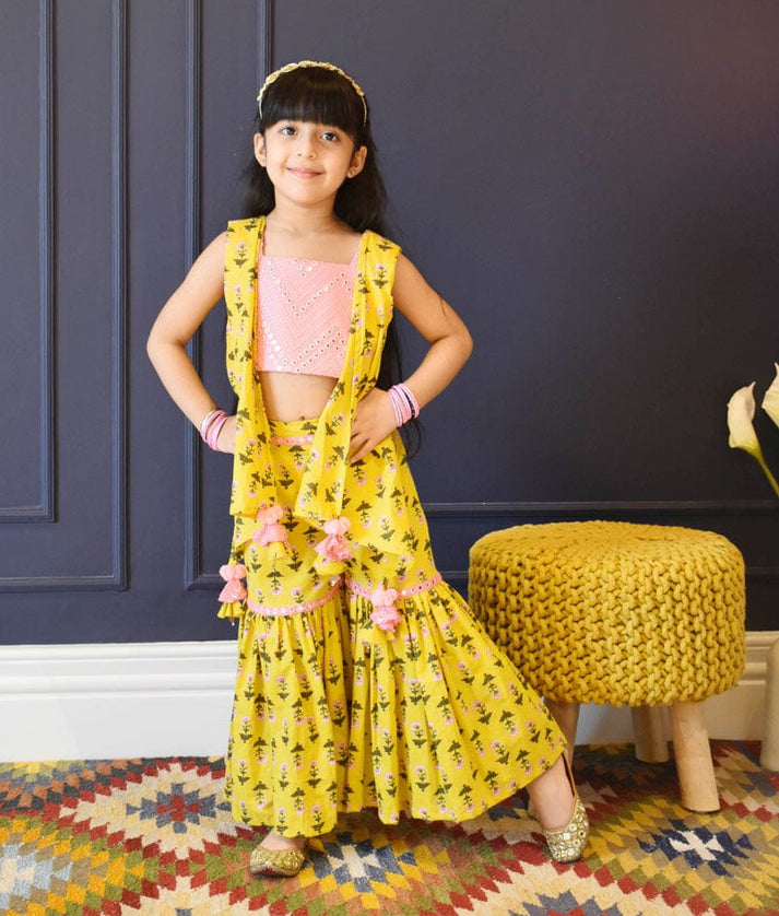 Yellow Print Top and Sharara Set for Girls