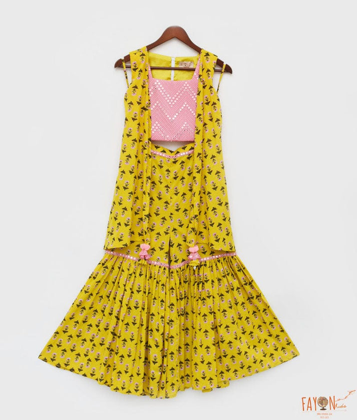 Yellow Print Top and Sharara Set for Girls