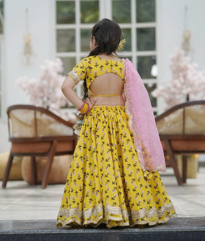 Yellow Printed Lehenga Choli and Organza Dupatta for Girls