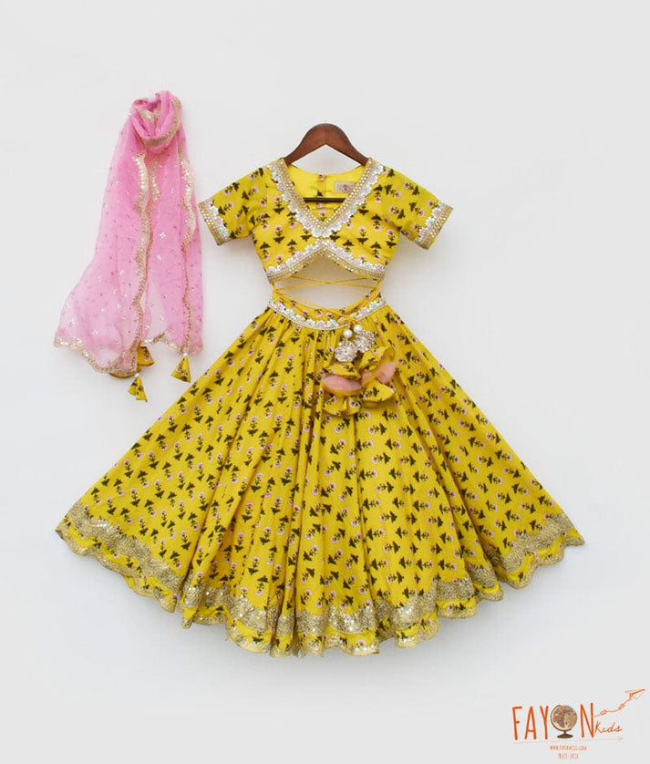 Yellow Printed Lehenga Choli and Organza Dupatta for Girls