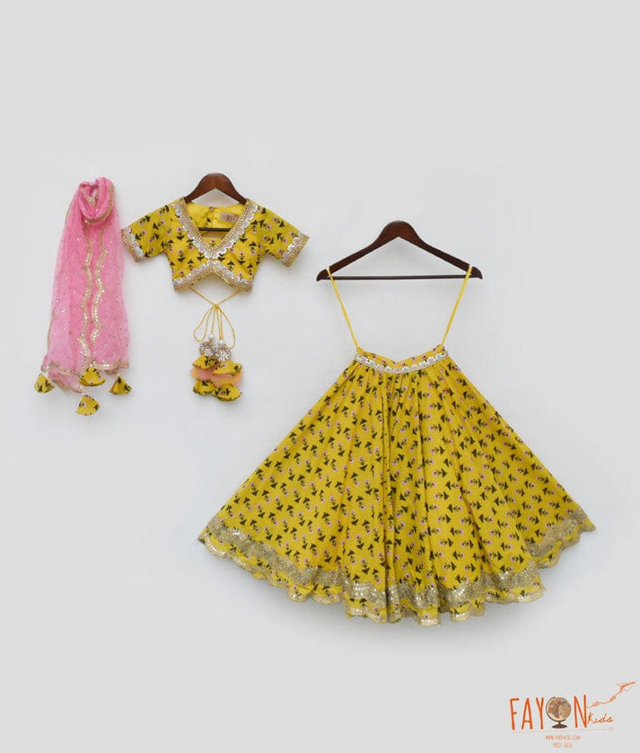 Yellow Printed Lehenga Choli and Organza Dupatta for Girls