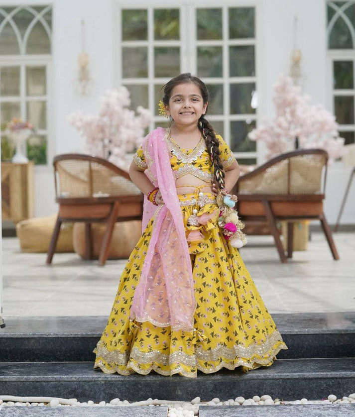 Yellow Printed Lehenga Choli and Organza Dupatta for Girls