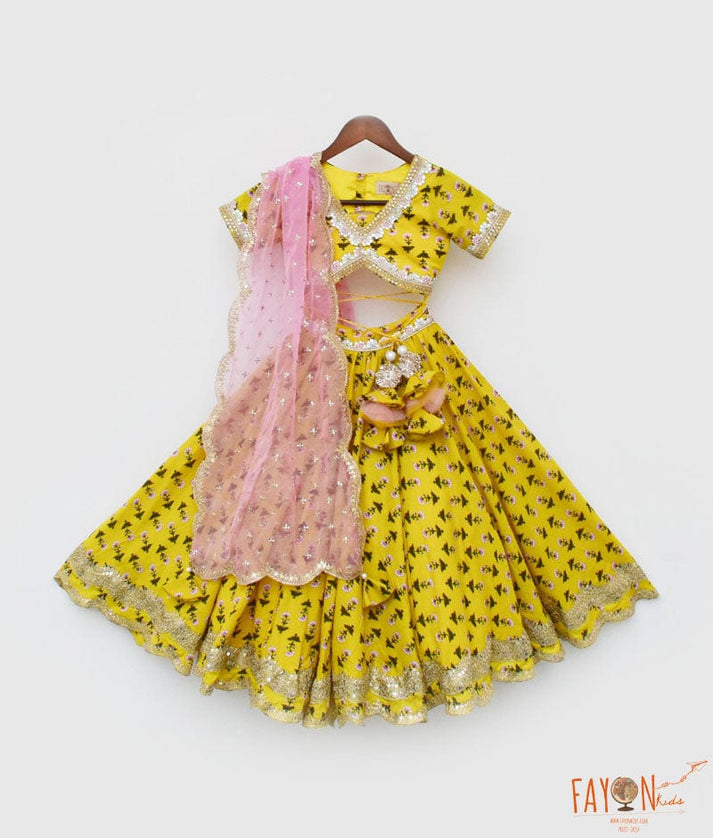 Yellow Printed Lehenga Choli and Organza Dupatta for Girls