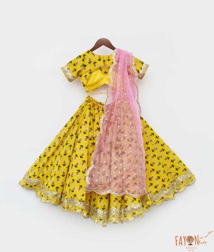 Yellow Printed Lehenga Choli and Organza Dupatta for Girls