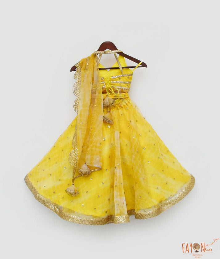 Yellow Printed Organza Lehenga Choli and Dupatta for Girls