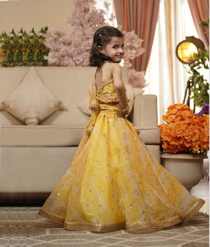 Yellow Printed Organza Lehenga Choli and Dupatta for Girls