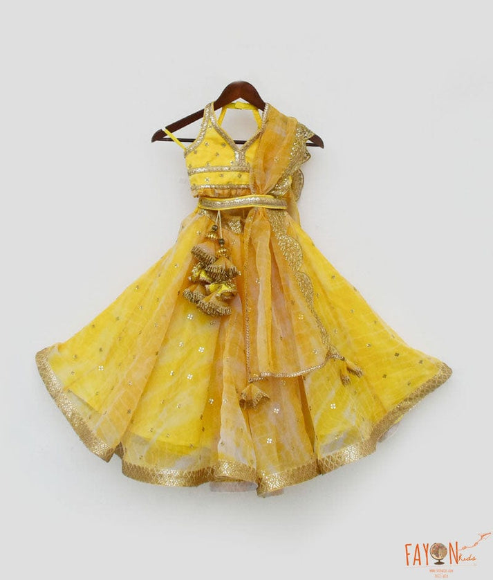 Yellow Printed Organza Lehenga Choli and Dupatta for Girls