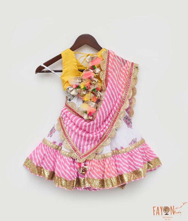 Yellow Silk Choli and Pink Printed Lehenga Dupatta for Girls