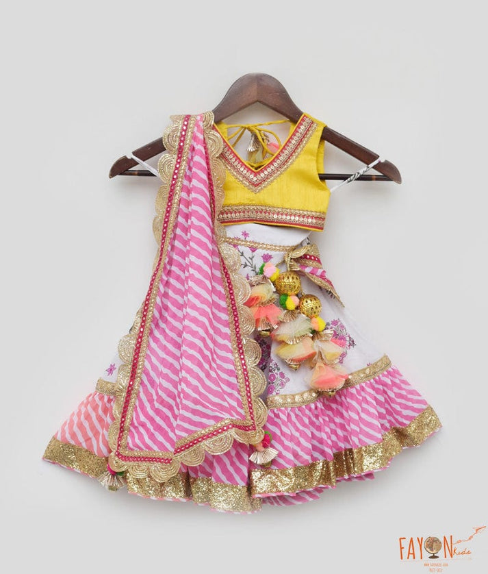 Yellow Silk Choli and Pink Printed Lehenga Dupatta for Girls