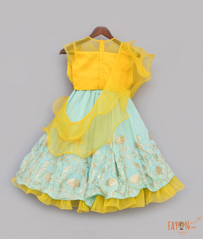 Fayon Kids Yellow Tassel Aqua Gota Lehenga with Choli Organza Dupatta for Girls