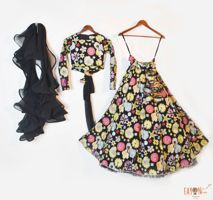 Manufactured by FAYON KIDS (Noida, U.P) Black Flower Embroidery Lehenga Choli for Girls