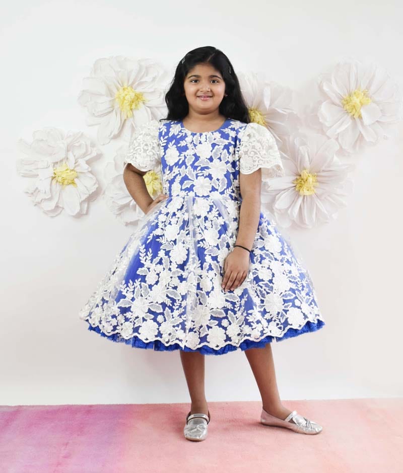 Buy Blue Flower Print Net Dress for Girls Online