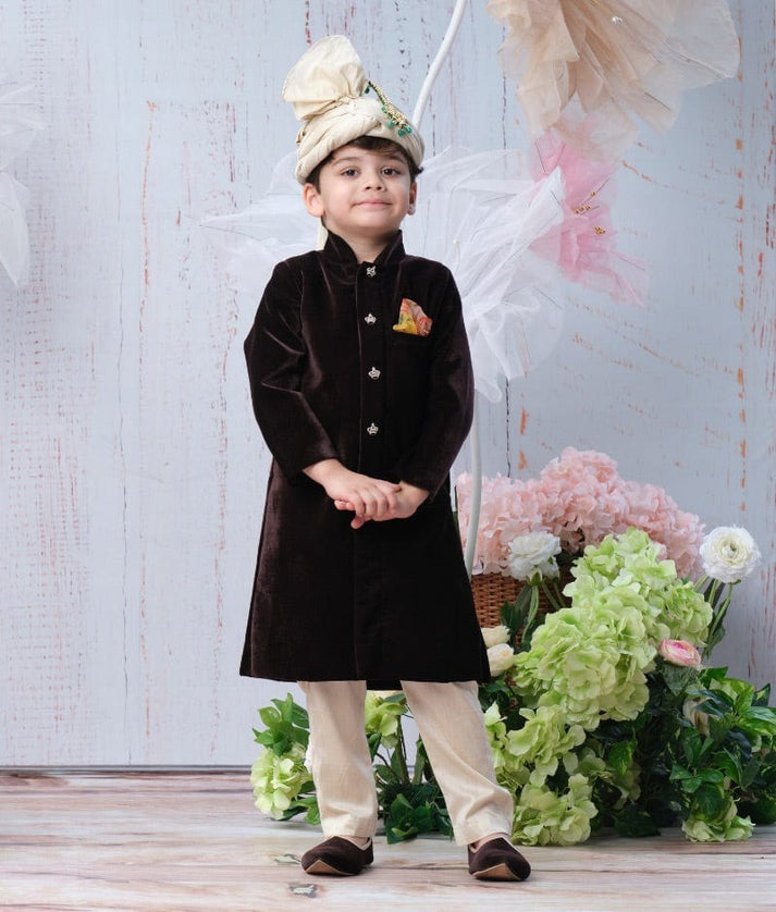 Manufactured by FAYON KIDS (Noida, U.P) Brown Velvet Achkan and Golden Pant for Boys