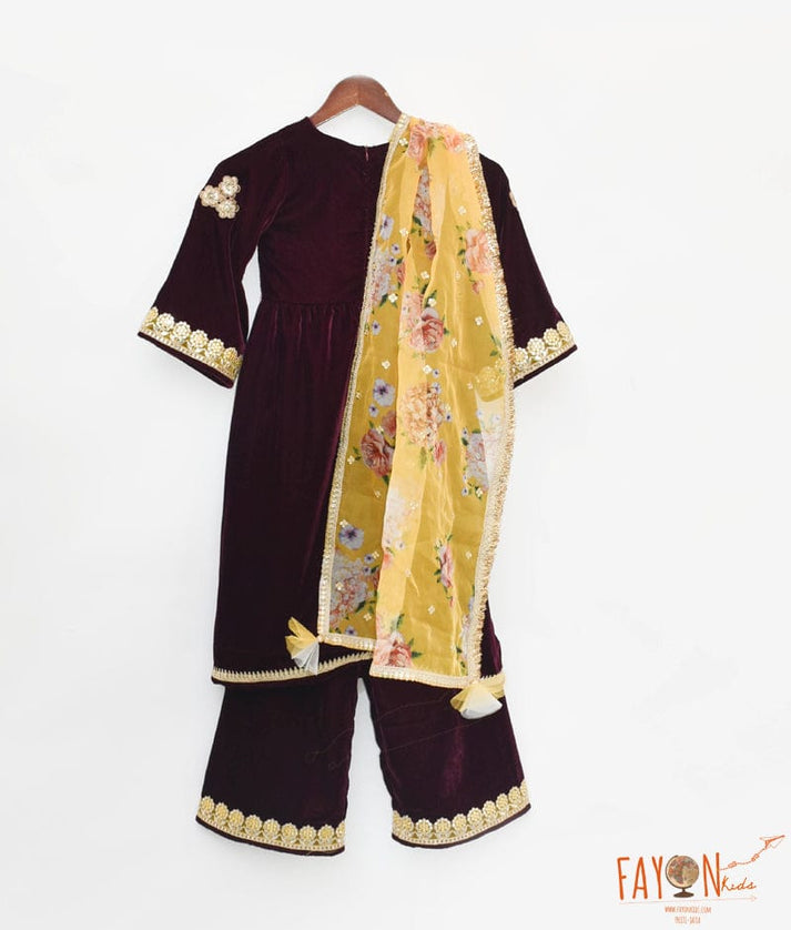 Manufactured by FAYON KIDS (Noida, U.P) Burgundy Velvet Kurti And Plazo Pant for Girls