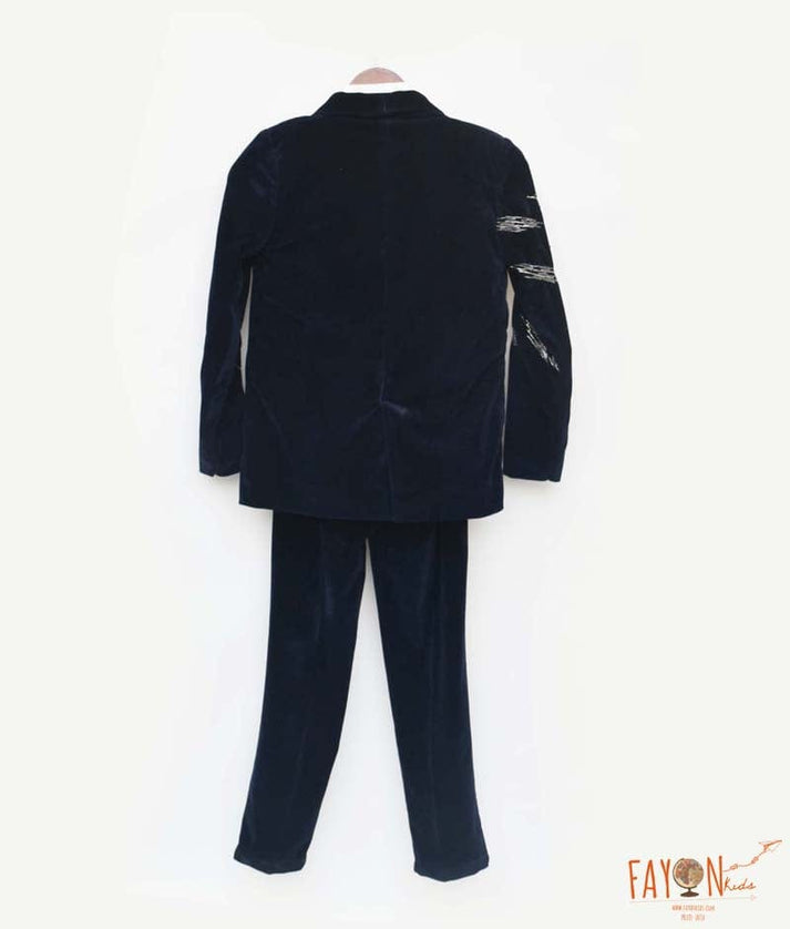 Dark Blue Embroidered Velvet Coat Set for Boys