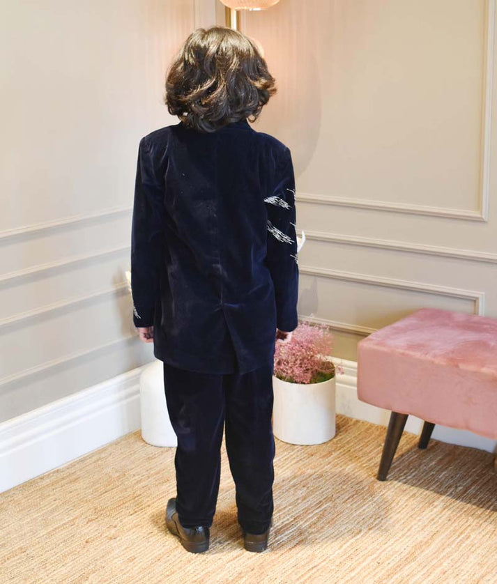 Dark Blue Embroidered Velvet Coat Set for Boys