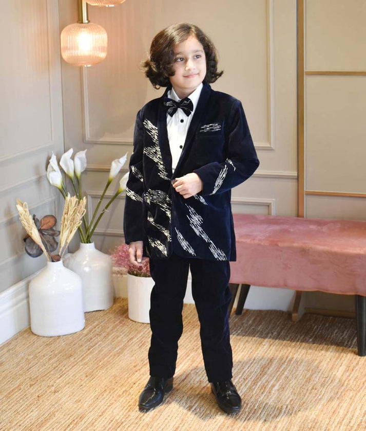 Dark Blue Embroidered Velvet Coat Set for Boys