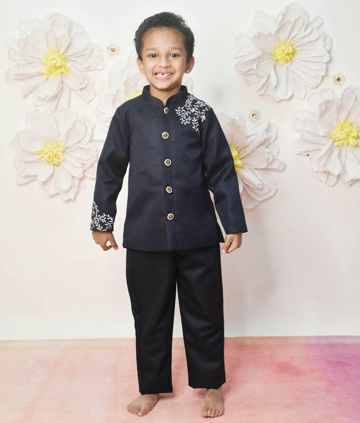 Manufactured by FAYON KIDS (Noida, U.P) Dark Blue Suiting Fabric Bandgala and Pant for Boys