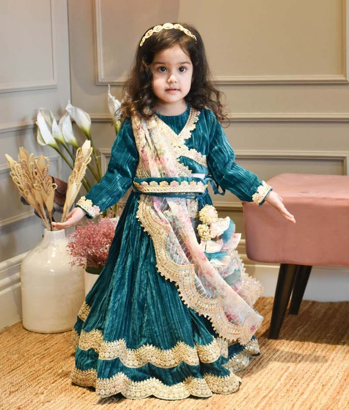 Manufactured by FAYON KIDS (Noida, U.P) Green crikle velvet lehenga choli for Girls