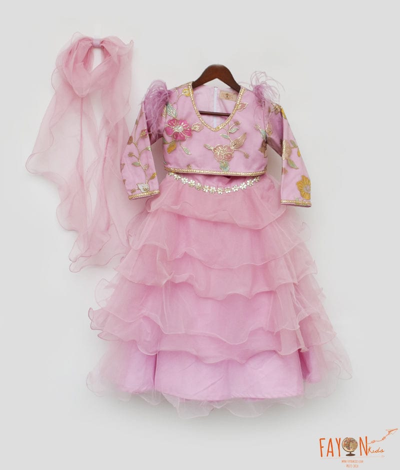 Buy Kinder Kids Frill Sleeves Floral Embroidered Choli With Lurex Striped &  Gota Lace Embellished Lehenga & Dupatta Yellow & Pink for Girls (3-4Years)  Online in India, Shop at FirstCry.com - 14803027