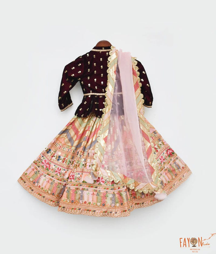 Manufactured by FAYON KIDS (Noida, U.P) Maroon Velvet Peplum and Peach Embroidery Lehenga Dupatta for Girls