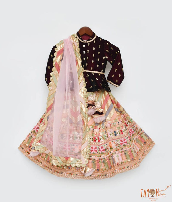 Manufactured by FAYON KIDS (Noida, U.P) Maroon Velvet Peplum and Peach Embroidery Lehenga Dupatta for Girls