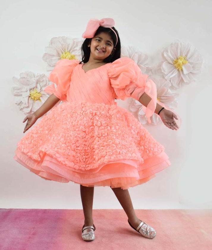 Manufactured by FAYON KIDS (Noida, U.P) Neon Peach Flower Frock for Girls