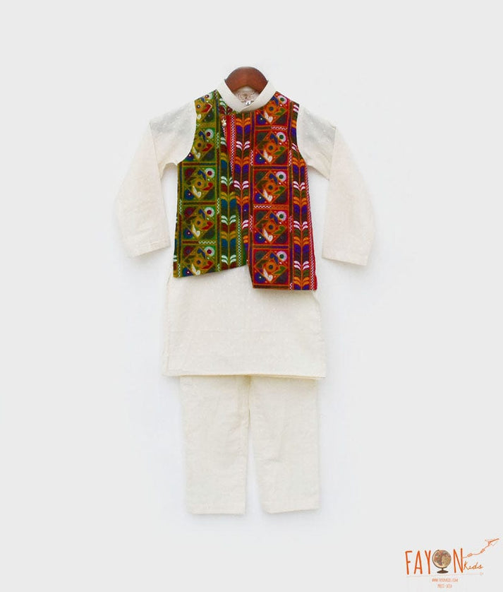 Manufactured by FAYON KIDS (Noida, U.P) Off White Kurta Jacket And Pant Set for Boys