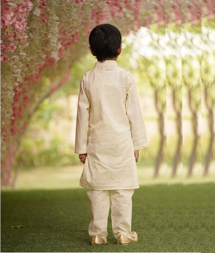 Manufactured by FAYON KIDS (Noida, U.P) Off White Kurta Jacket And Pant Set for Boys