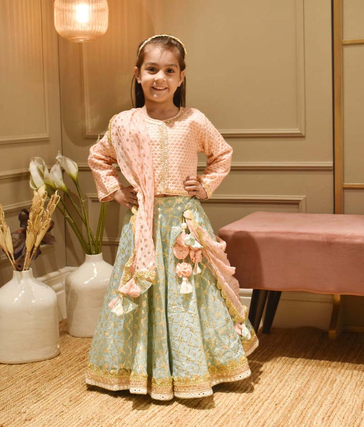 Manufactured by FAYON KIDS (Noida, U.P) Peach Embroidery Pastel Blue Chanderi Lehenga with Choli Chinnon Dupatta for Girls