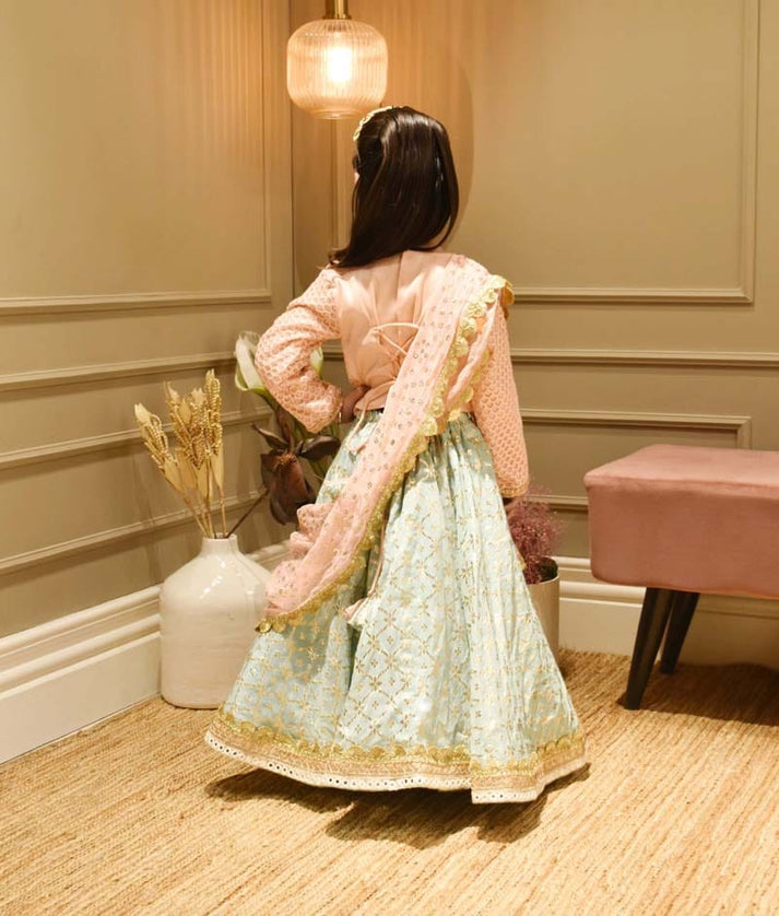 Manufactured by FAYON KIDS (Noida, U.P) Peach Embroidery Pastel Blue Chanderi Lehenga with Choli Chinnon Dupatta for Girls