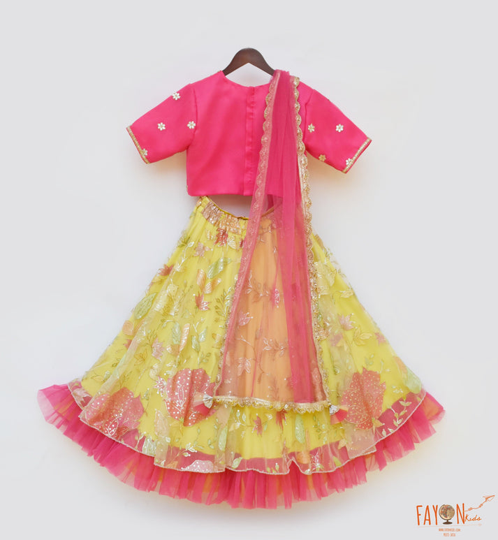 Manufactured by FAYON KIDS (Noida, U.P) Pink Organza Choli and Yellow Net Embroidery Lehenga for Girls