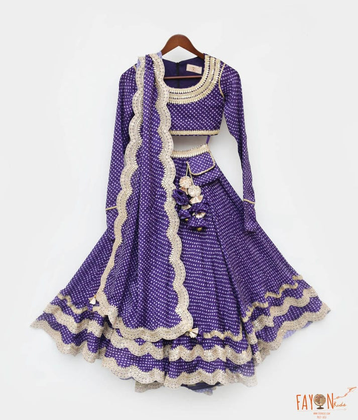 Manufactured by FAYON KIDS (Noida, U.P) Purple Bandhej Scalup Lehenga Choli and Dupatta for Girls