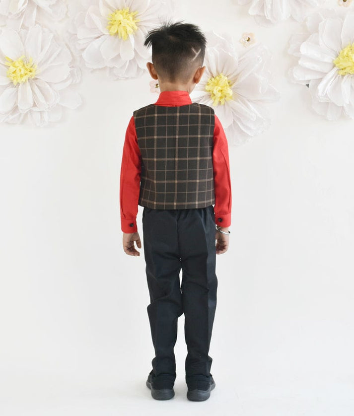 Manufactured by FAYON KIDS (Noida, U.P) Red Shirt with Brown Checks Waist Coat and Pant for Boys