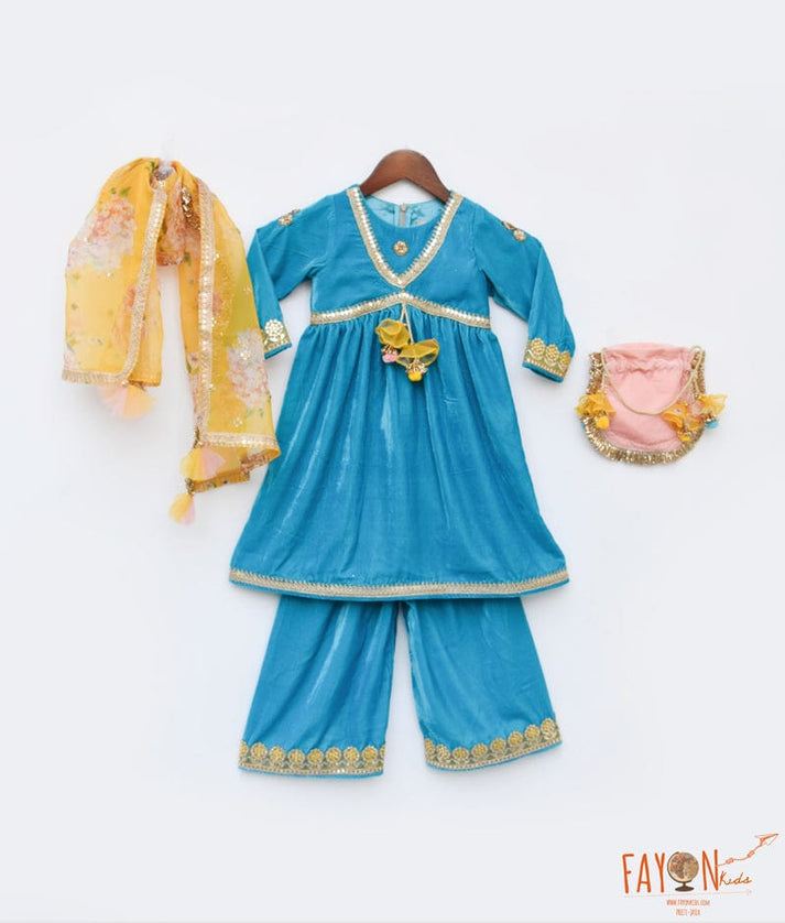 Manufactured by FAYON KIDS (Noida, U.P) Turquoise Blue Velvet Kurti and Plazo Pant for Girls