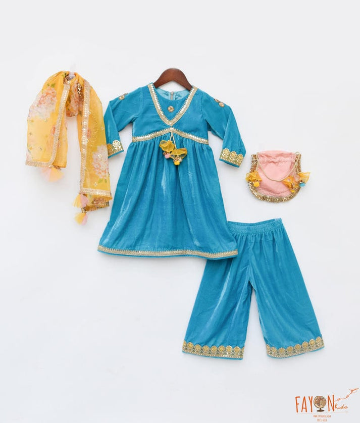 Manufactured by FAYON KIDS (Noida, U.P) Turquoise Blue Velvet Kurti and Plazo Pant for Girls