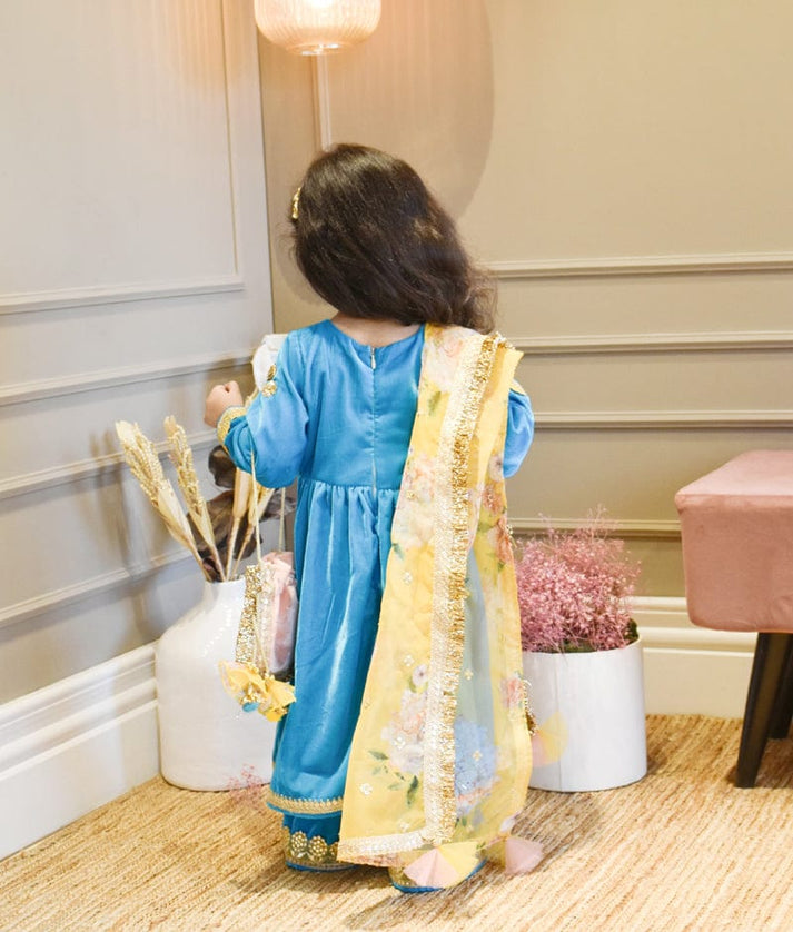 Manufactured by FAYON KIDS (Noida, U.P) Turquoise Blue Velvet Kurti and Plazo Pant for Girls