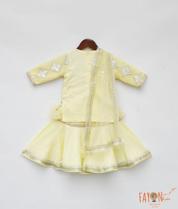 Manufactured by FAYON KIDS (Noida, U.P) Yellow Gota Embroidery Yellow Silk Sharara with Kurti Boti Net Dupatta for Girls